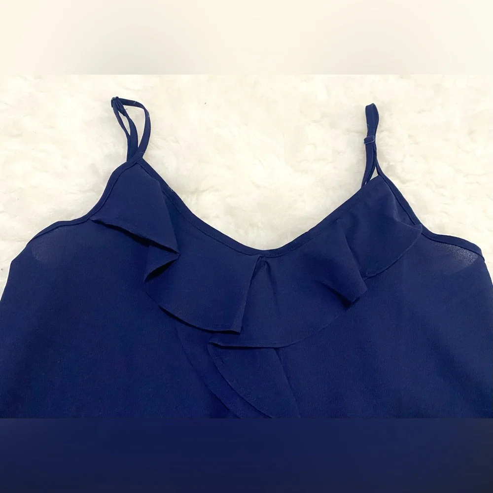 Paper Crane Womens S Solid Navy Blue Sheer Ruffle Cami Top Boho-chic Preppy - Picture 5 of 16